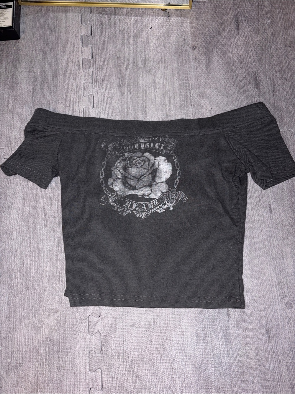 Dark Gray Off-Shoulder Rose Graphic Women's Top